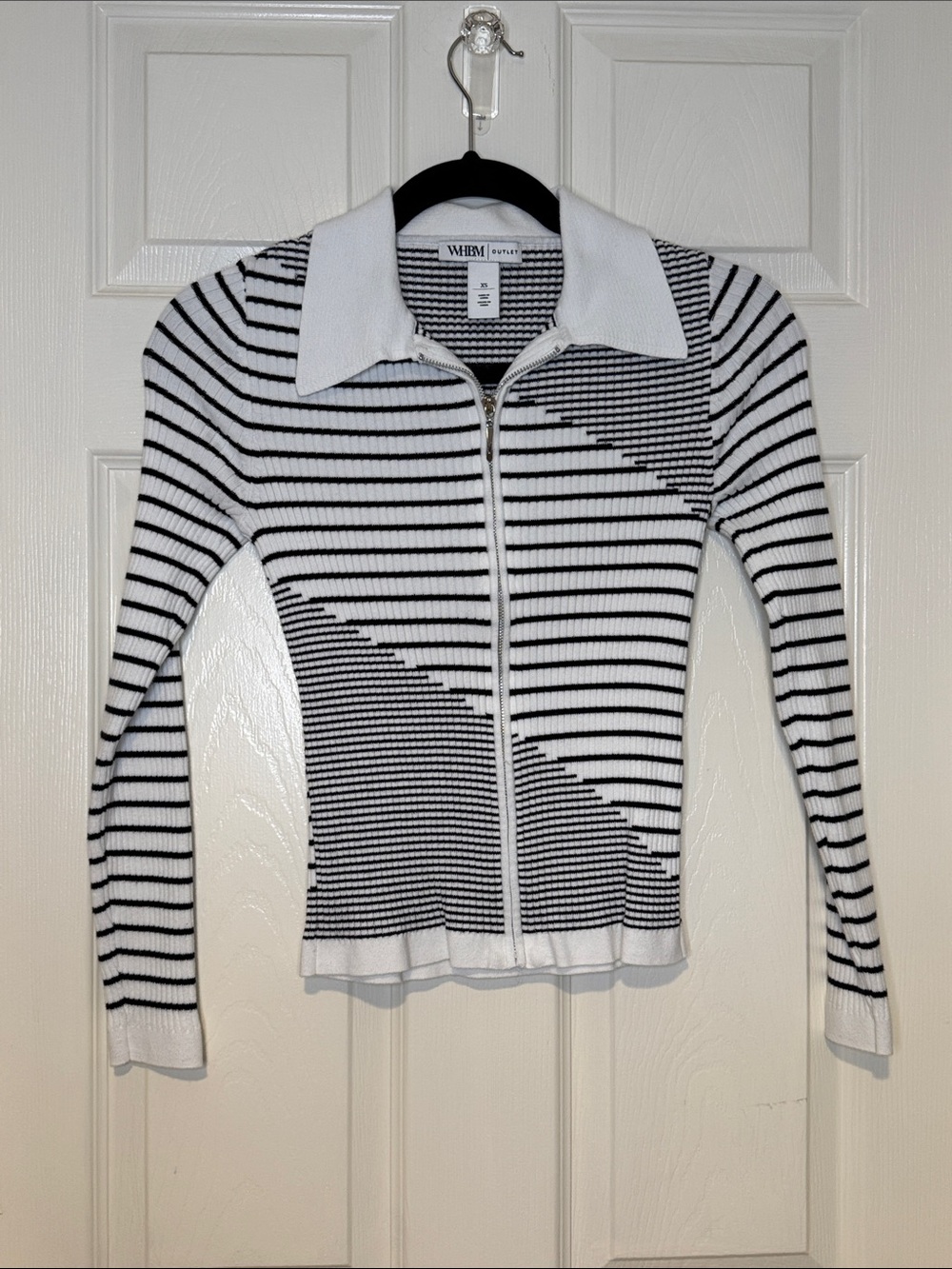 White House Black Market Black & White Striped Zip Front Knit Top